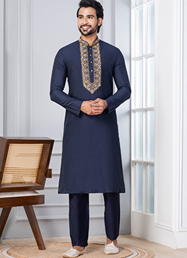 Navy Blue Cotton Beads Work Kurta Pyjama