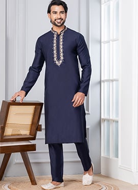 Navy Blue Cotton Beads Work Kurta Pyjama