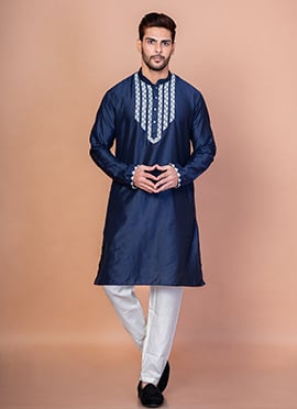 Navy Blue Cotton Blend Embellished Kurta Pyjama