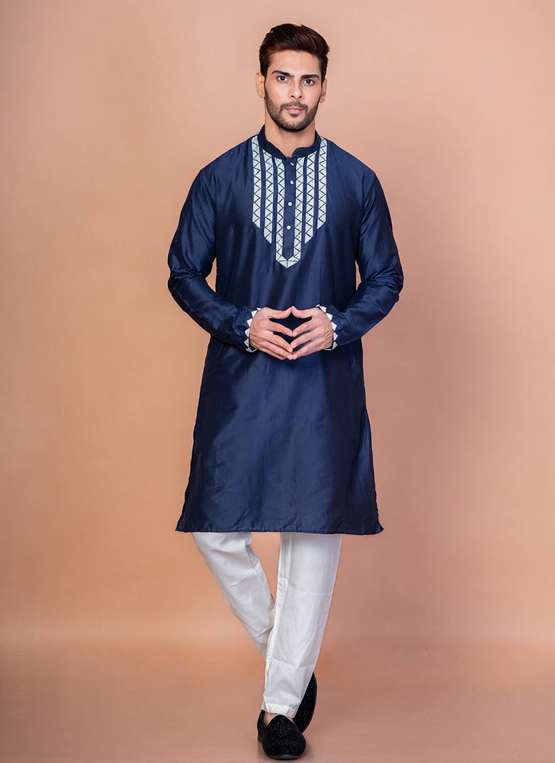 Navy Blue Cotton Blend Embellished Kurta Pyjama Festive Wear