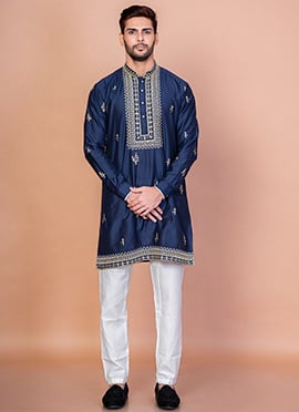 Navy Blue Cotton Blend Embroidered Kurta Pyjama