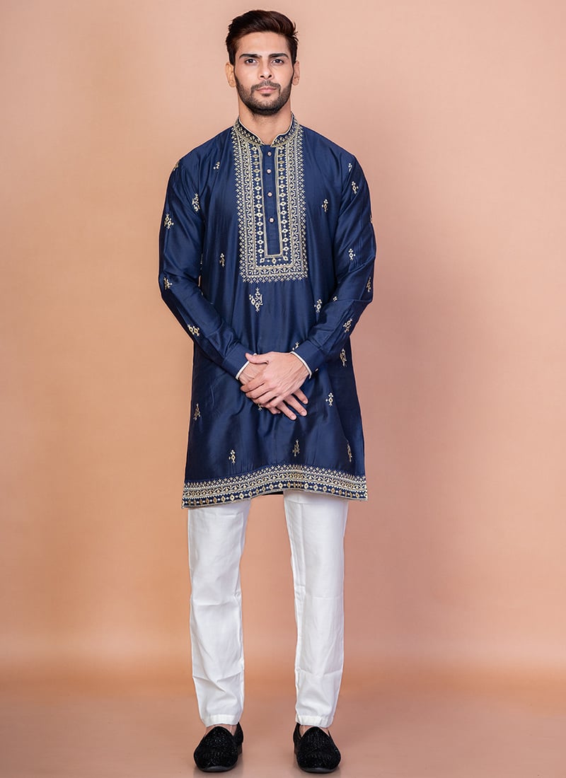 Navy Blue Cotton Blend Embroidered Kurta Pyjama Festive Wear