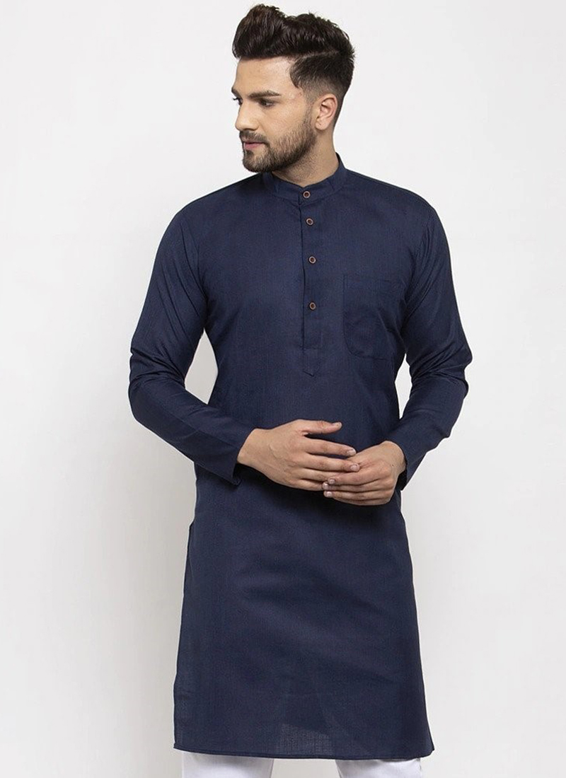 Navy Blue Cotton Blend Kurta
