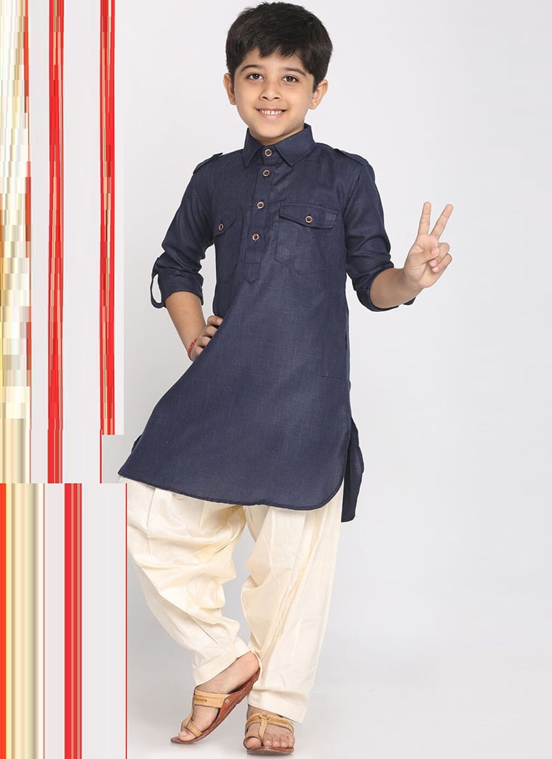 Navy Blue Cotton Blend Solid Stitched Kurta Pyjama Party Wear