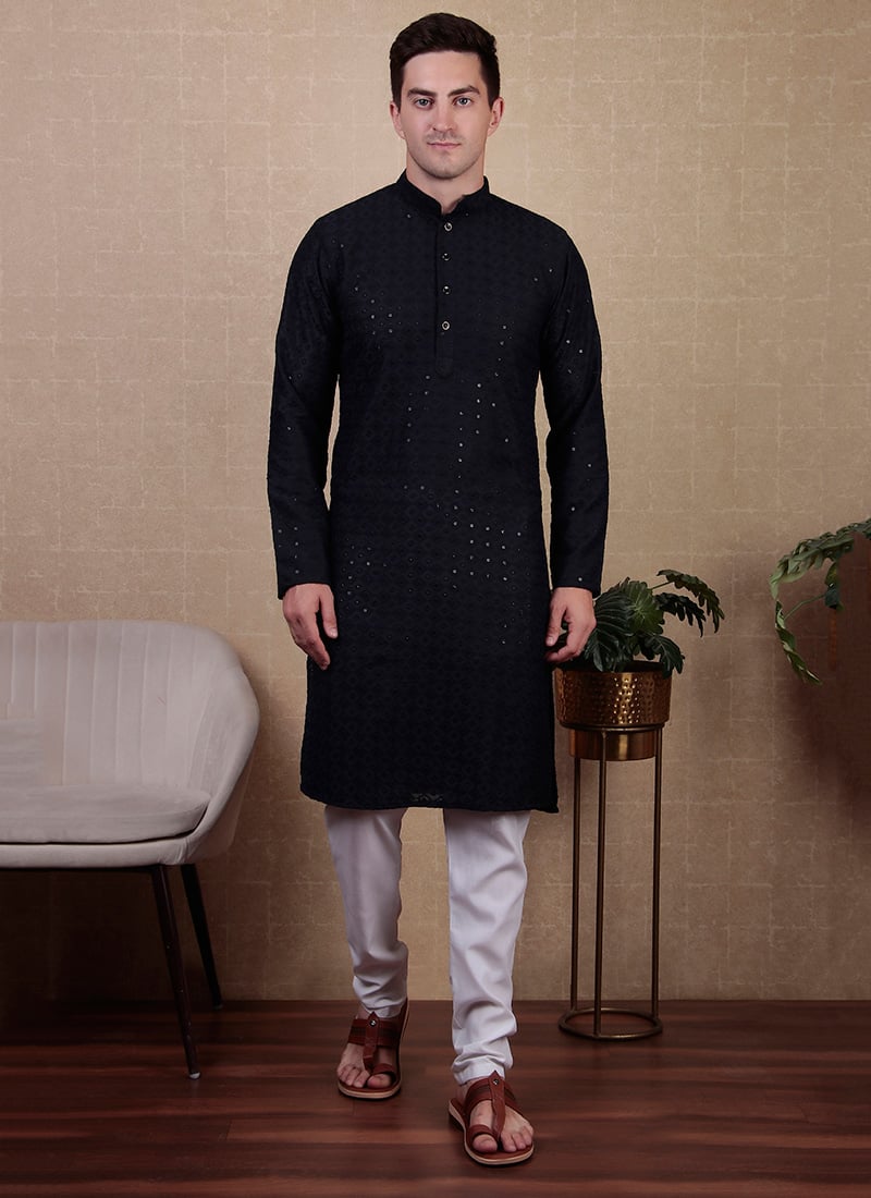 Navy Blue Cotton Chikankari Sequins Kurta Pyjama Festive Wear