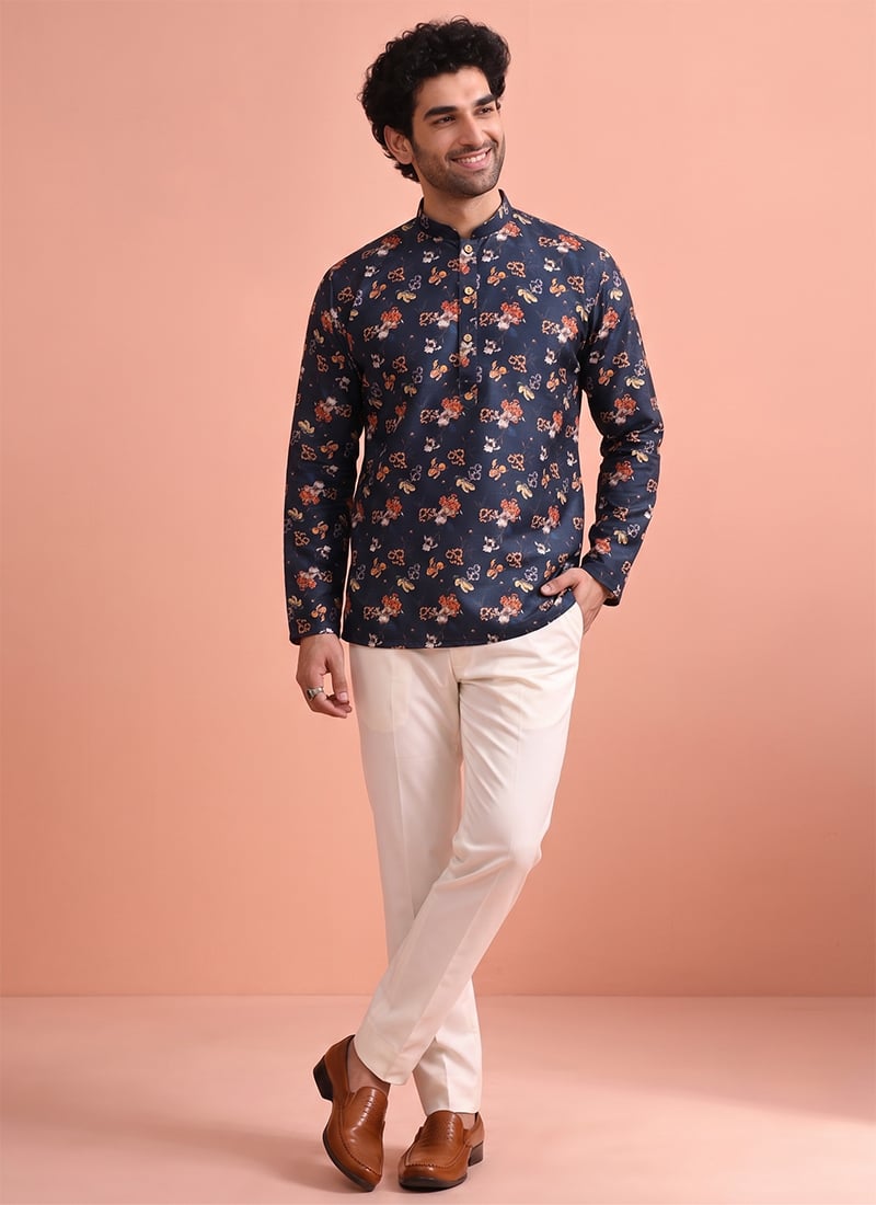 Navy Blue Cotton Digital Print Short Kurta For Men