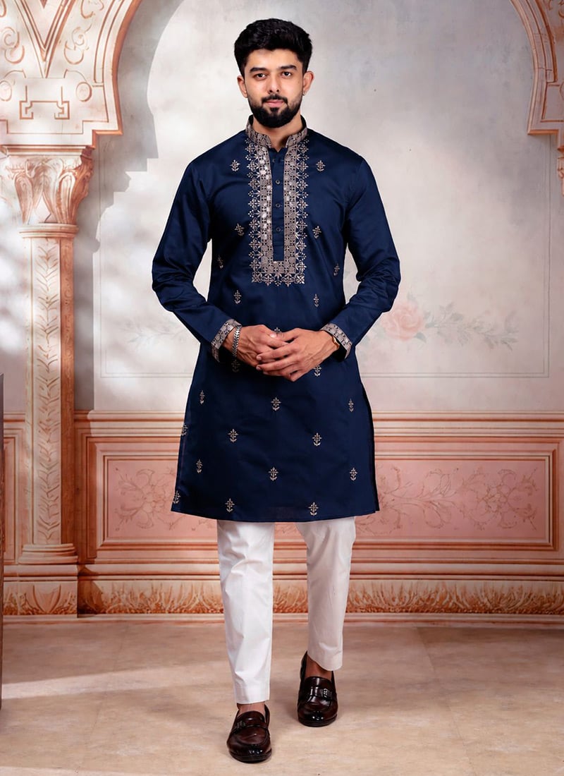 Navy Blue Cotton Embroidered Kurta Pyjama For Men Festive Wear