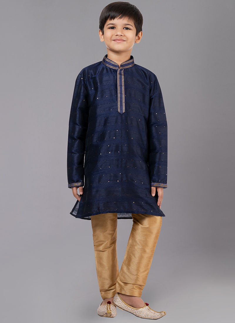 Navy Blue Cotton Embroidered Kurta Pyjama Festive Wear