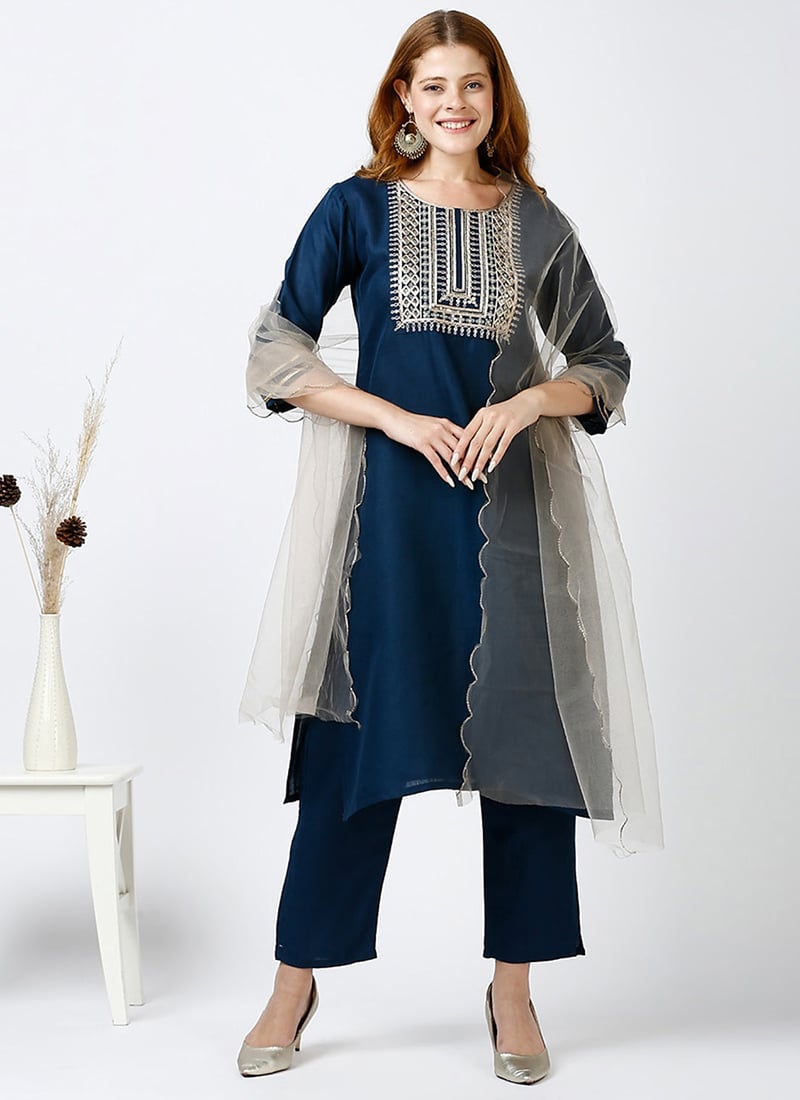 Navy Blue Cotton Embroidered Straight Pant Suit