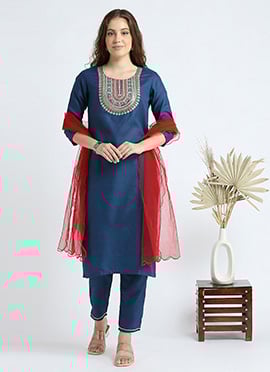 Navy Blue Cotton Embroidered Straight Pant Suit