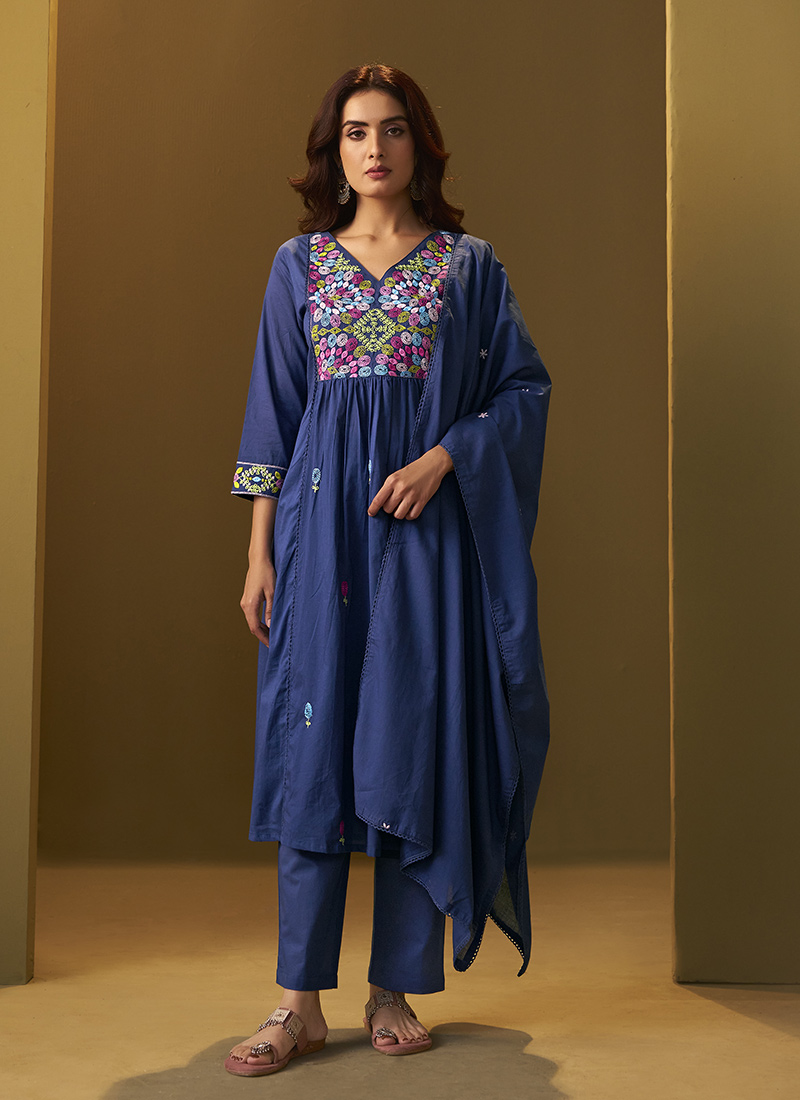 Navy Blue Cotton Embroidered Thread Straight Pant Suit After Six Wear