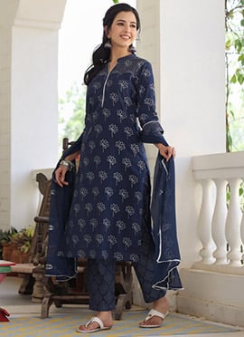 Navy Blue Cotton Floral Printed Palazzo Suit And Matching Dupatta