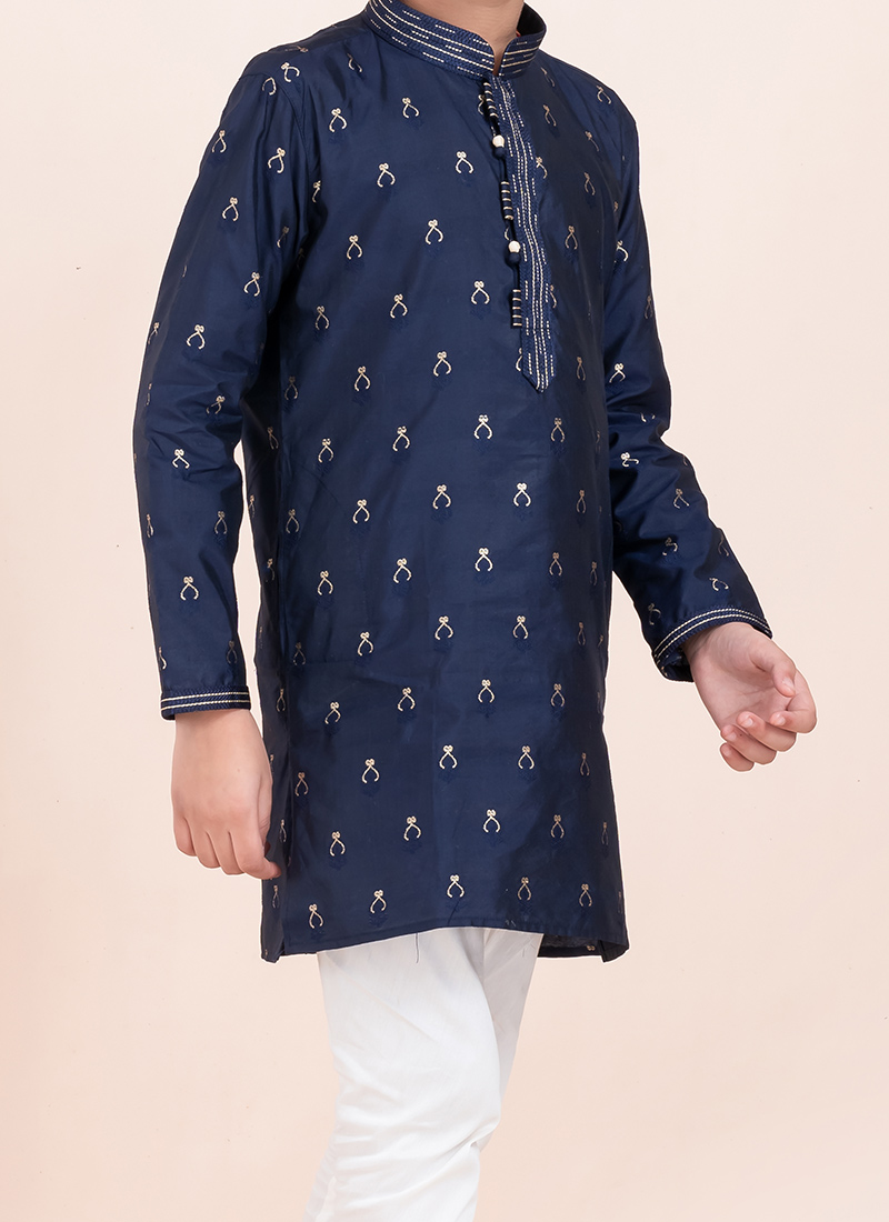 Boys Full Sleeves Sky Blue Cotton Kurta with White/ Cream Pyjama Pant