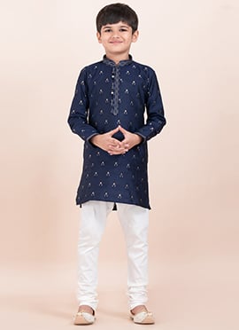 Navy Blue Cotton Jacquard Kids Boys Kurta Pyjama