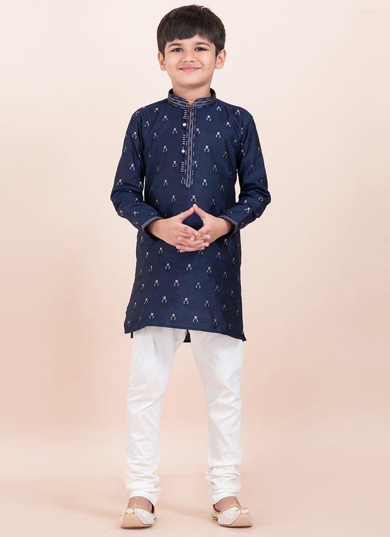 Navy Blue Cotton Jacquard Kids Boys Kurta Pyjama Festive Wear