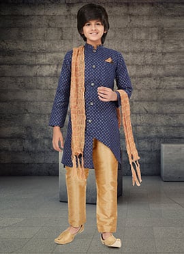 Navy Blue Cotton Kids Boys Indowestern Sherwani
