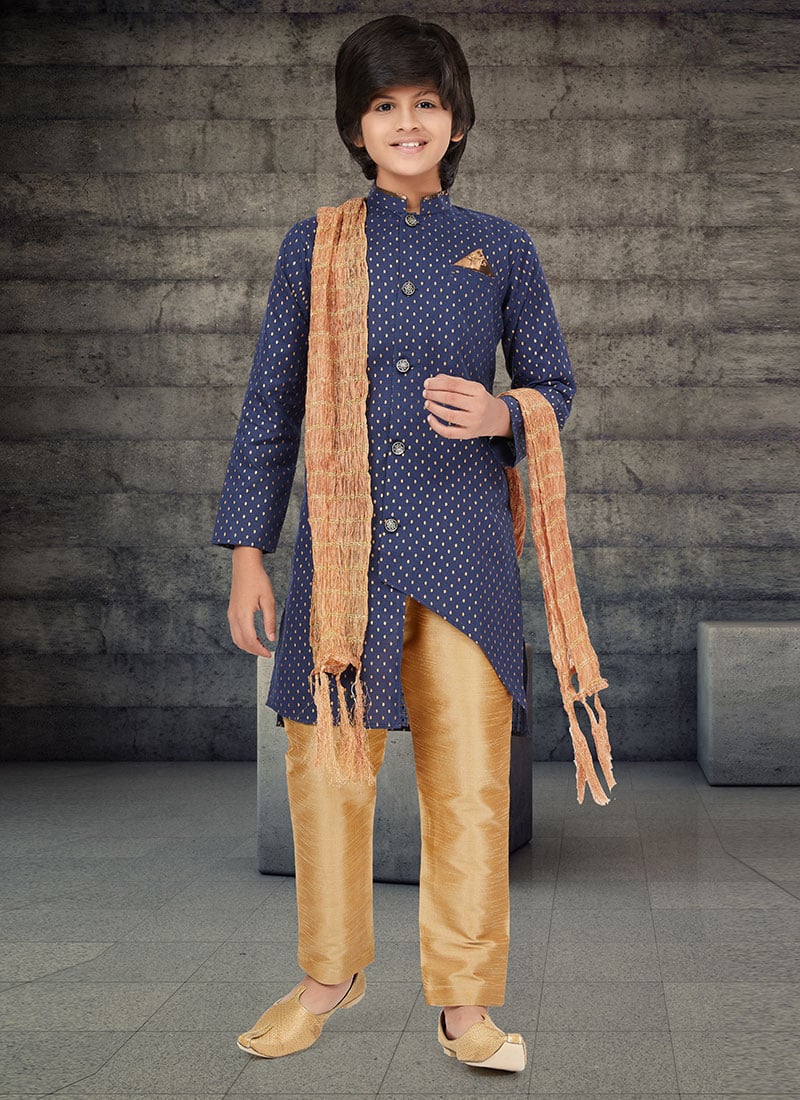 Navy Blue Cotton Kids Boys Indowestern Sherwani Festive Wear