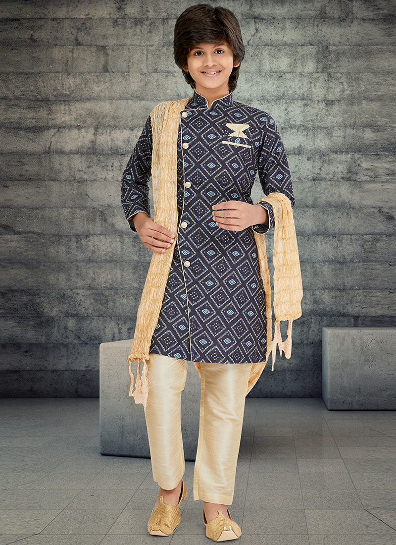 Navy Blue Cotton Kids Boys Indowestern Sherwani Festive Wear