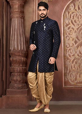 Navy Blue Cotton Linen Printed Classic Sherwani