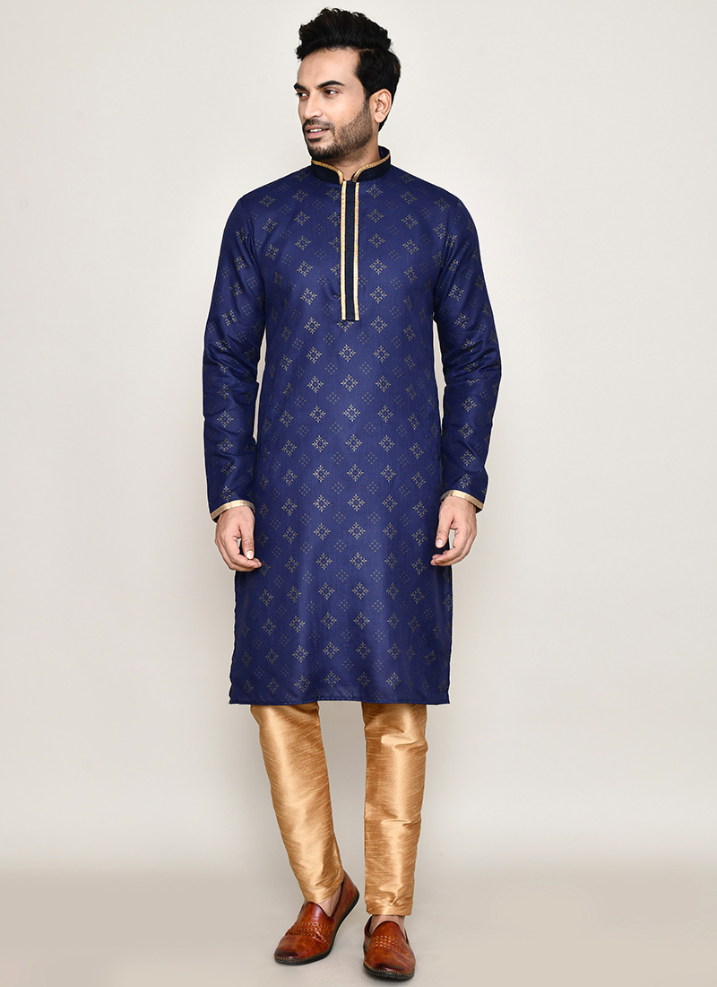 Navy Blue Cotton Print Foil Print Kurta Pyjama Festive Wear