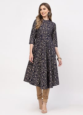 Navy Blue Cotton Printed Anarkali Suit