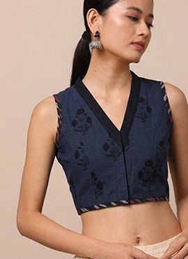 Navy Blue Cotton Printed Blouse