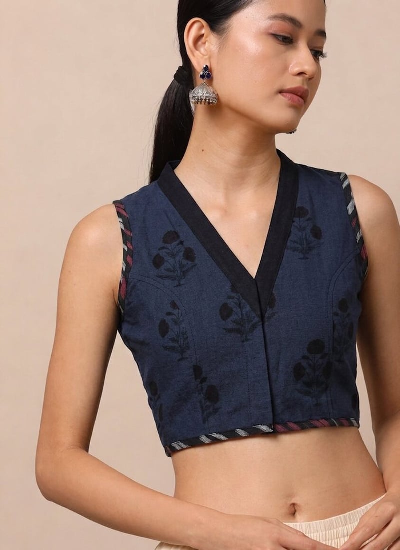 Navy Blue Cotton Printed Blouse After Six Wear