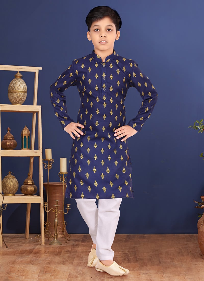 Navy Blue Cotton Printed Boys Kurta Pyjama