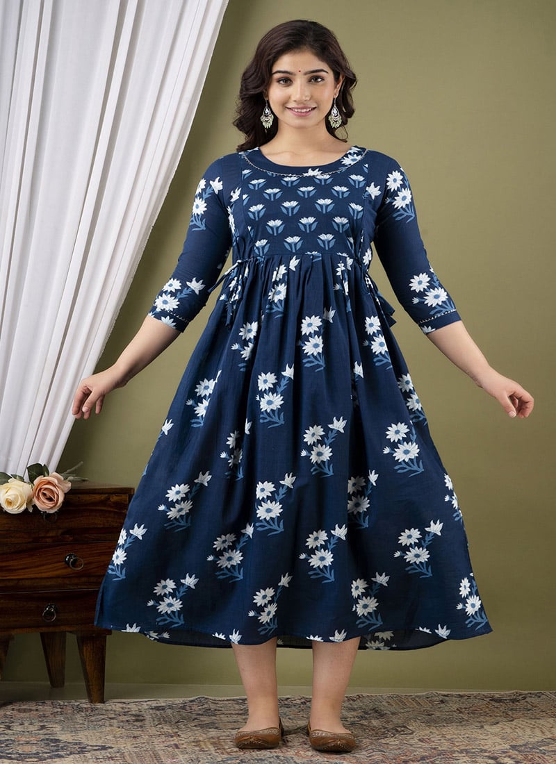 Navy Blue Cotton Printed Dress