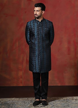 Navy Blue Cotton Printed Indowestern Sherwani Set