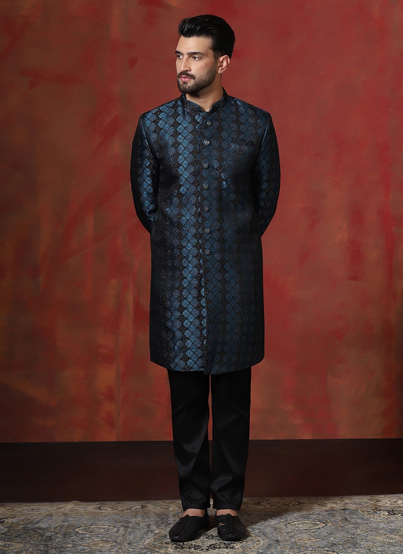 Navy Blue Cotton Printed Indowestern Sherwani Set Wedding Wear