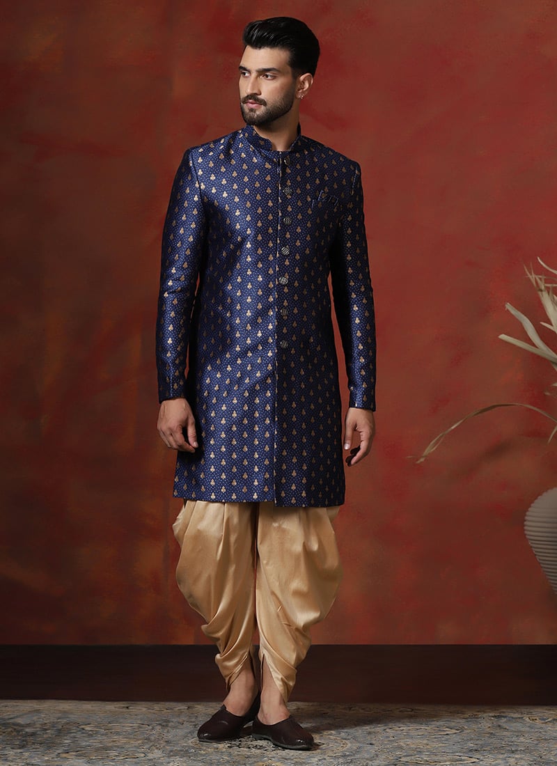 Navy Blue Cotton Printed Indowestern Sherwani Set Wedding Wear