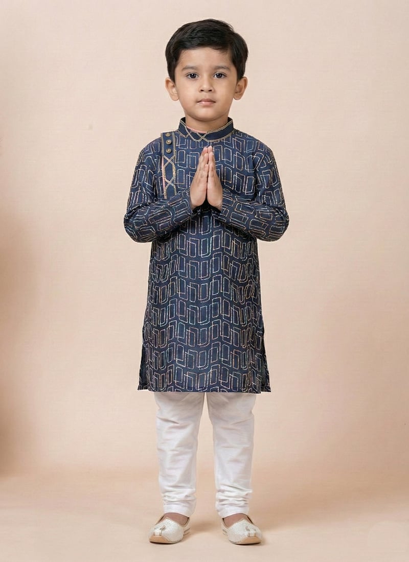 Navy Blue Cotton Printed Kids Boys Kurta Pyjama Festive Wear