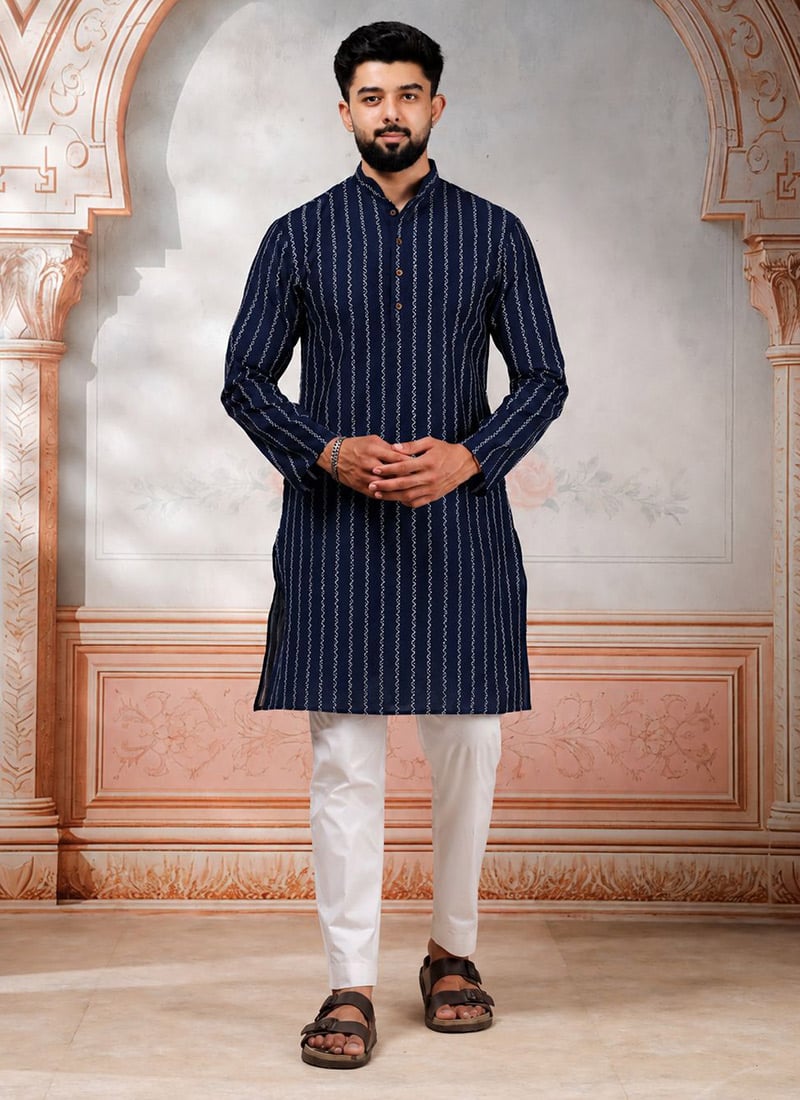 Navy Blue Cotton Printed Kurta Pyjama For Men Festive Wear