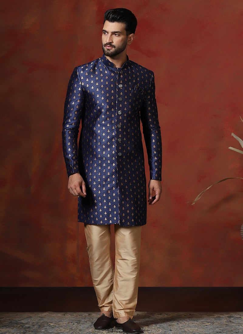 Navy Blue Cotton Printed Stunning Indowestern Sherwani Set Wedding Wear