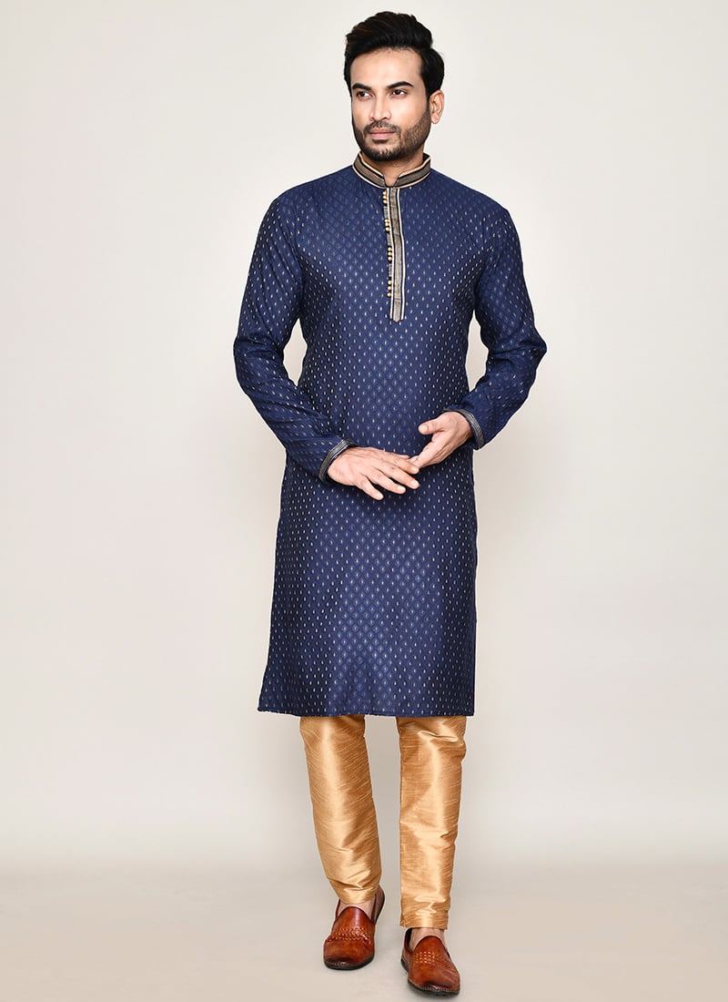 Navy Blue Cotton Silk Jacquard Kurta Pyjama Festive Wear