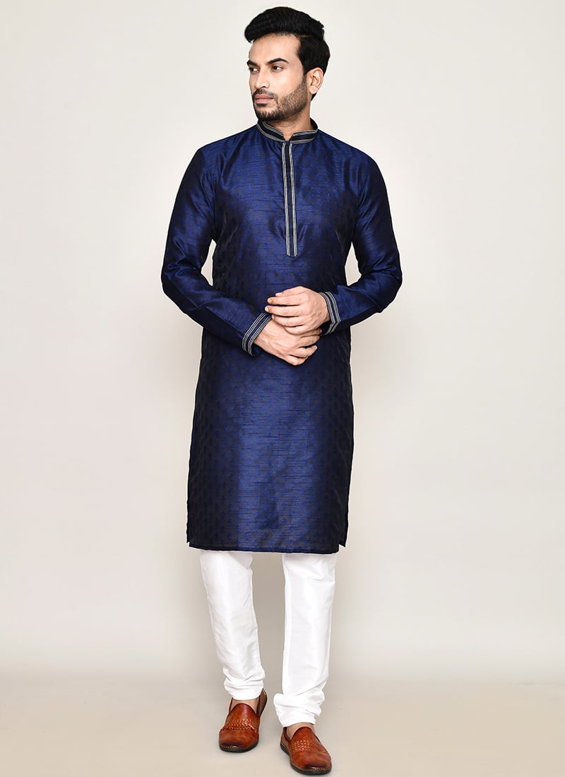 Navy Blue Cotton Silk Jacquard Kurta Pyjama Festive Wear
