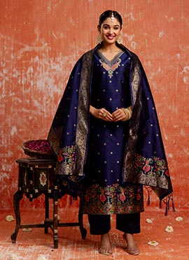 Navy Blue Cotton Silk Jacquard Meenakari Straight Pant Suit
