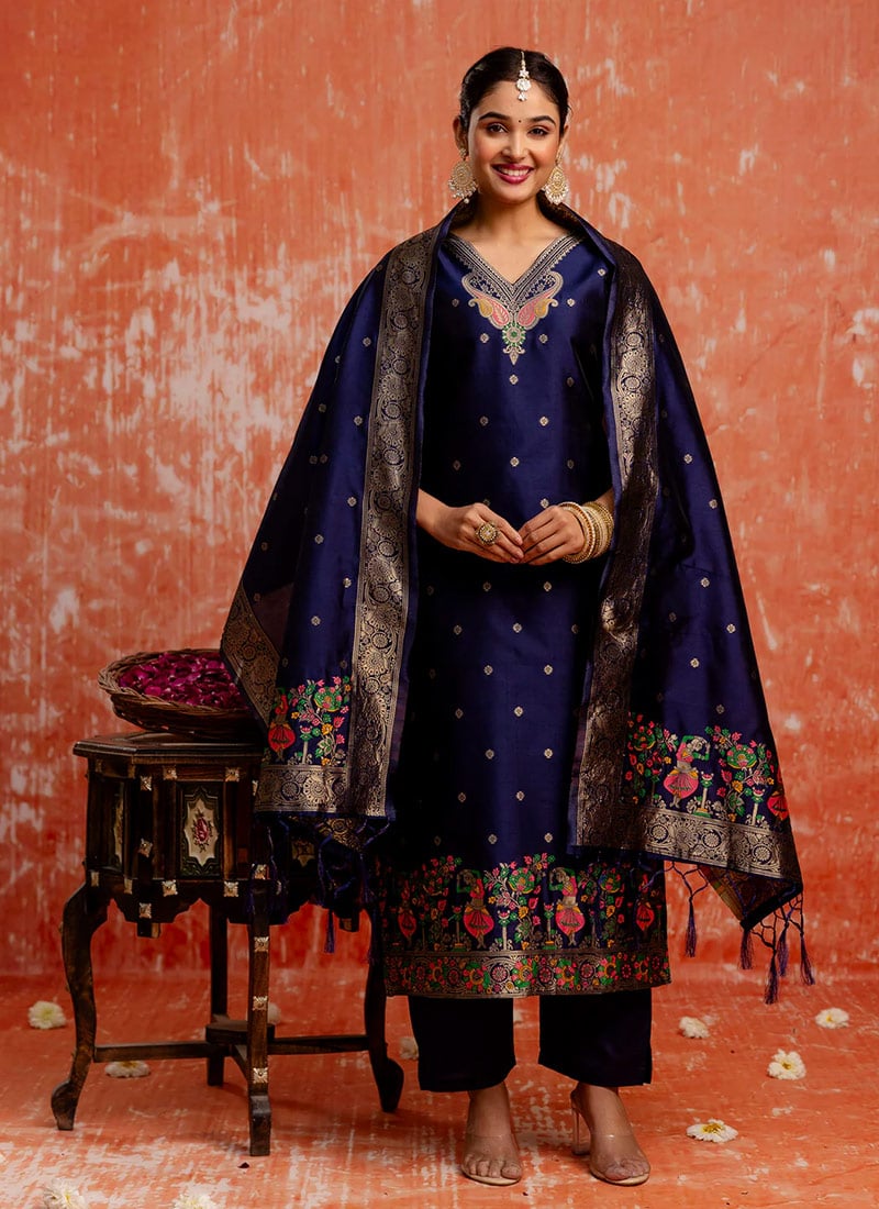 Navy Blue Cotton Silk Jacquard Meenakari Straight Pant Suit Festive Wear