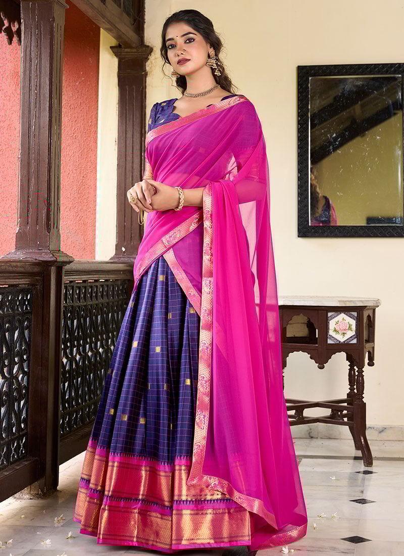 Navy Blue Cotton Silk Zari Woven Lehenga Festive Wear-GHSRK197615