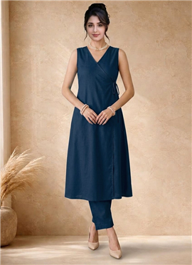 Navy Blue Cotton Sleeveless Wrap Style Kurta Pant