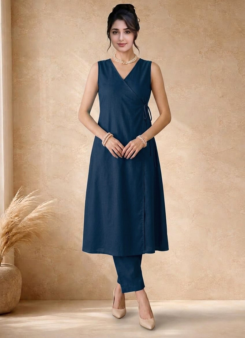 Navy Blue Cotton Sleeveless Wrap Style Kurta Pant  Festive Wear