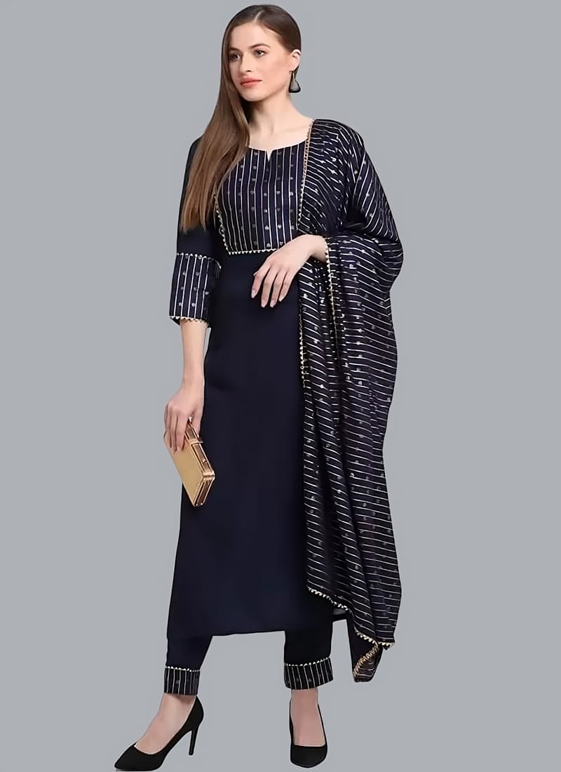 Navy Blue Cotton Slub Zari Work Straight Pant Suit After Six Wear