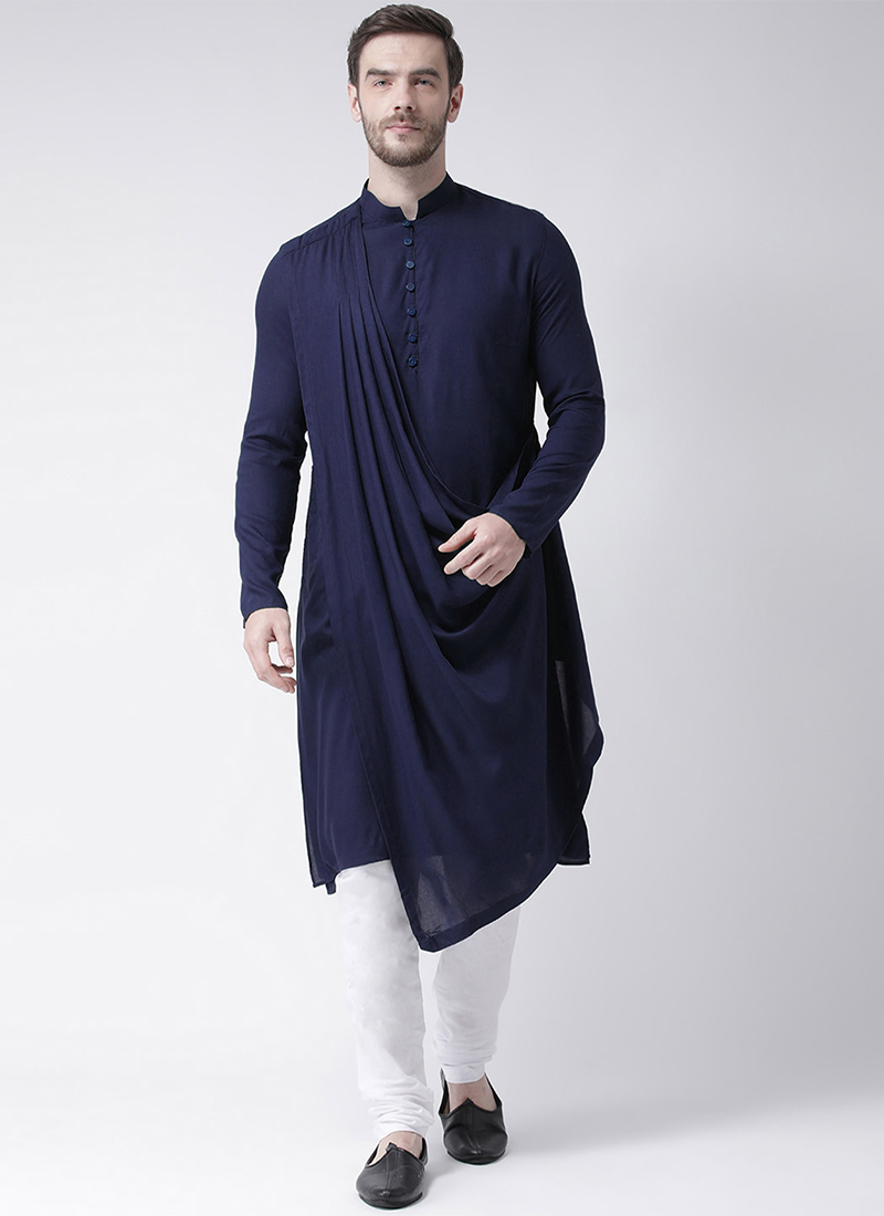 Navy Blue Cotton Soild Plain Kurta Pyjama Party Wear