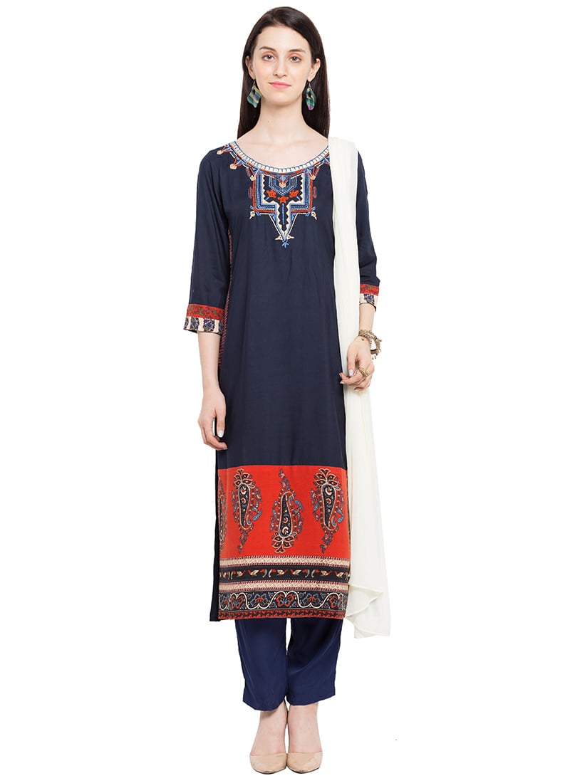 Navy Blue Cotton Straight Pant Suit