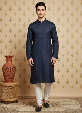 Navy Blue Cotton Textured Kurta Pyjama