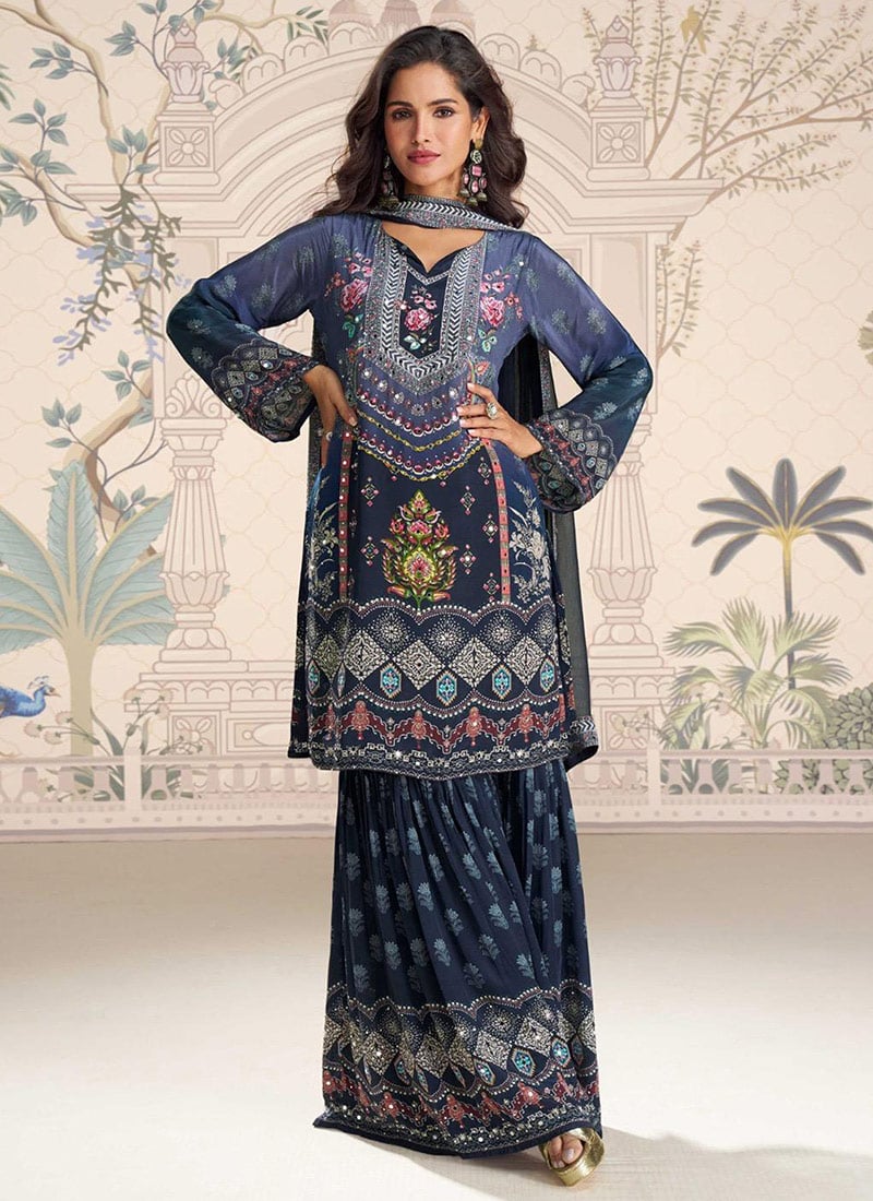 Navy Blue Crepe Silk Digital Print Stone And Mirror Work Sharara Suit  Festive Wear