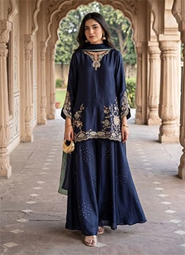 Navy Blue Crepe Silk Embroidered Palazzo Suit