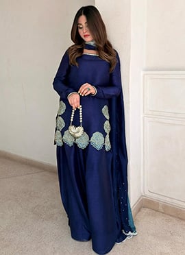Navy Blue Crepe Silk Embroidered Palazzo Suit