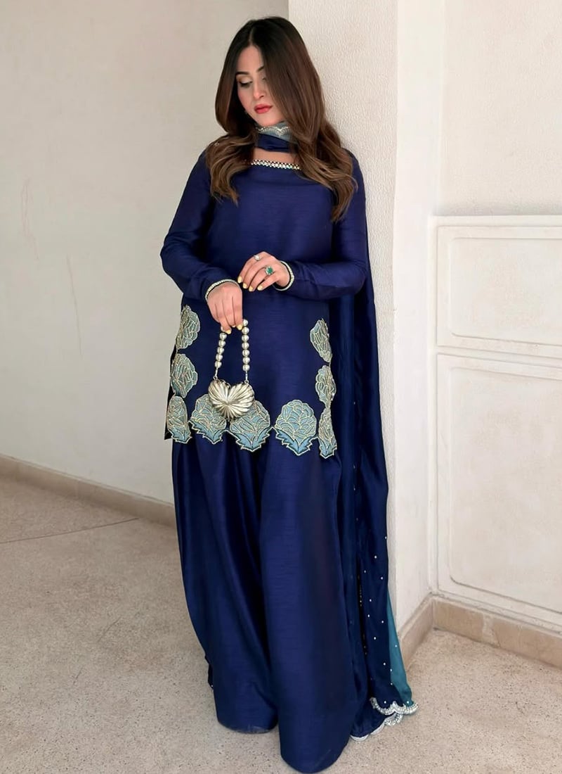 Navy Blue Crepe Silk Embroidered Palazzo Suit After Six Wear